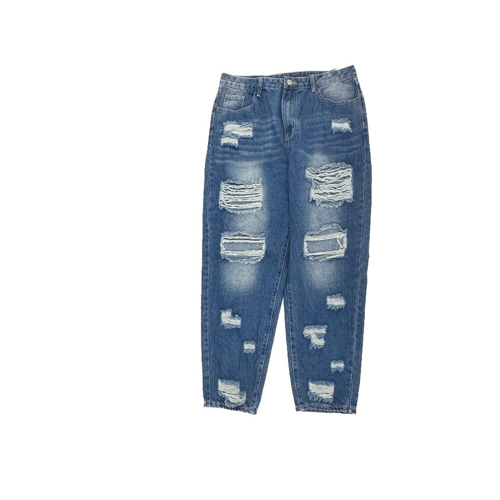 Shein Distressed Straight Women's sie 12 Dark Wash Blue Denim Jeans